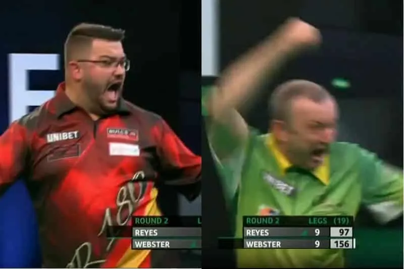 Darren Webster en Cristo Reyes leveren spektakelstuk af op EK Darts
