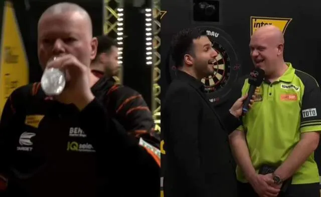Beelden Van Gerwen die grapt over Van Barneveld na onderling duel