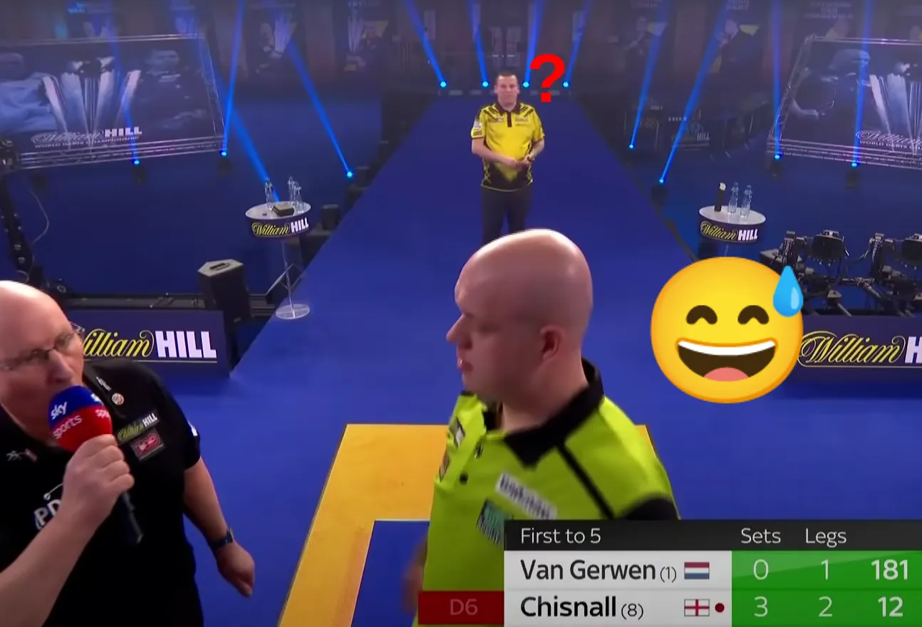 Michael van Gerwen geeft dartles aan Dave Chisnall met deze hilarische actie