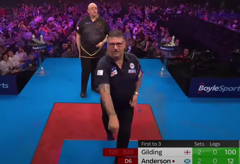 Wat Gary Anderson tijdens duel met Andrew Gilding doet is eigenlijk niet toegestaan