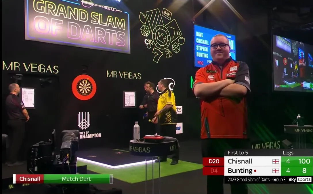 Beelden komisch moment van Stephen Bunting tijdens het slot van Grand Slam-duel