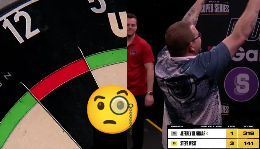 Beelden van Steve West die commentators een 9-darter belooft en dan flikt hij dit