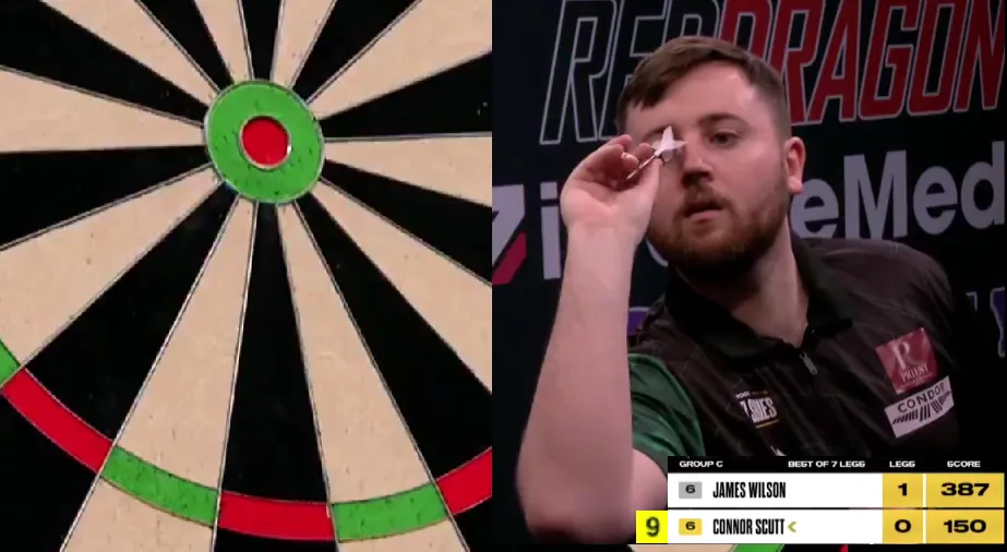 Beelden van kerel die aanlegt voor een 9-darter met 150-finish via bull-bull-bull