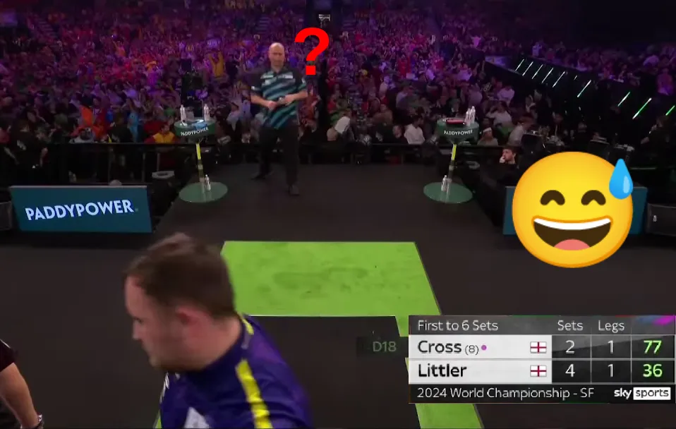 Wat Luke Littler hier flikt tegen Rob Cross in set 7 zagen we nog nooit op WK podium