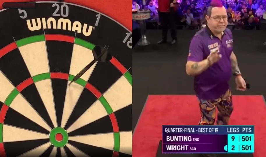Peter Wright heeft het helemaal gehad en loopt al aan na het gooien van 1 pijl