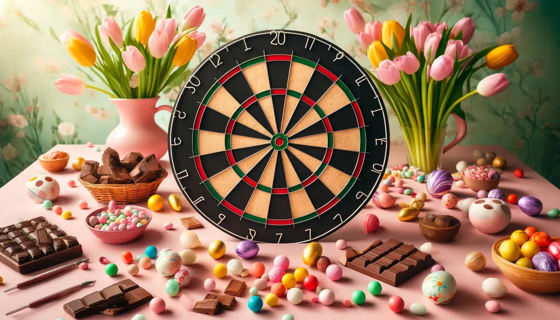 dalle 2024 03 28 234317 een speelse en kleurrijke afbeelding die darten en pasen combineert in een 3 2 formaat dit ontwerp kenmerkt zich door een groot opvallend dartbord