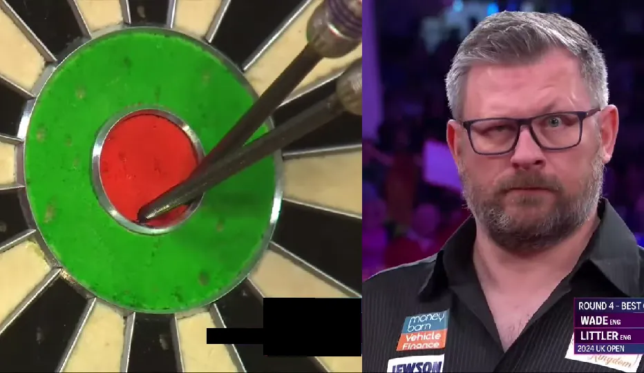 Komische reactie van James Wade nadat Luke Littler trickshots op hem afvuurt