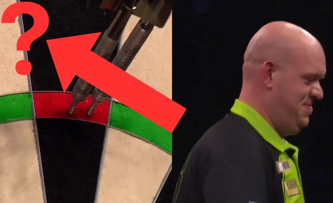 Beelden van Michael van Gerwen die 9-darter voor Luke Littler compleet maakt