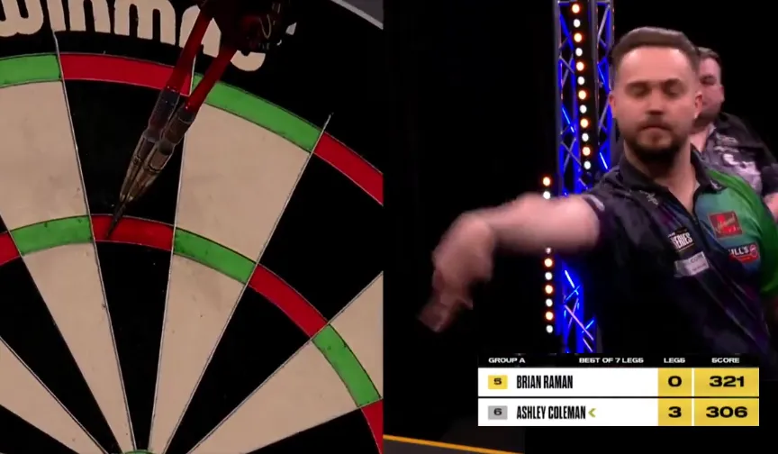 Beelden van Brian Raman die na 6 pijlen op 141 staat met twee 'blind 180's' op rij