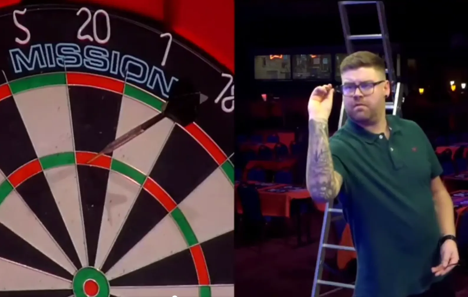 Scheidsrechter op Lakeside gooit een paar pijlen om livestream te testen en flikt dan dit