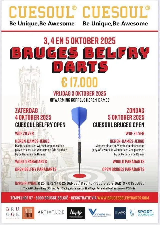 Laatste uren om je in te schrijven voor het WDF Bruges Belfry Darts Tournament