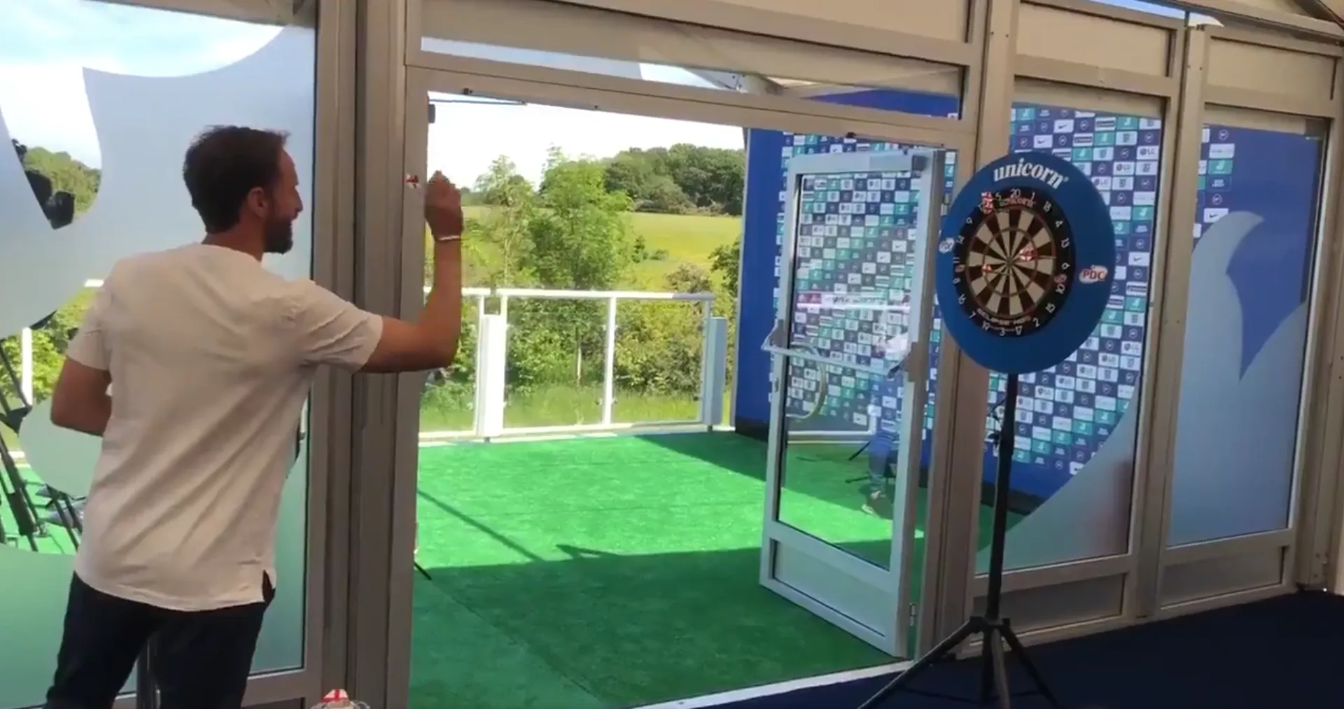 VIDEO: England manager Gareth Southgate plays in Euro 2020 Media Day darts tournament
