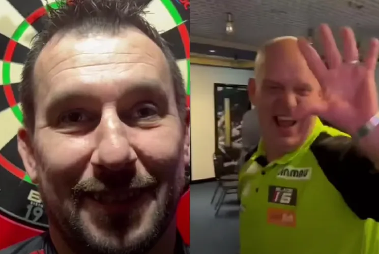 VIDEO: Van Gerwen scares Clayton during pre Premier League Darts interview