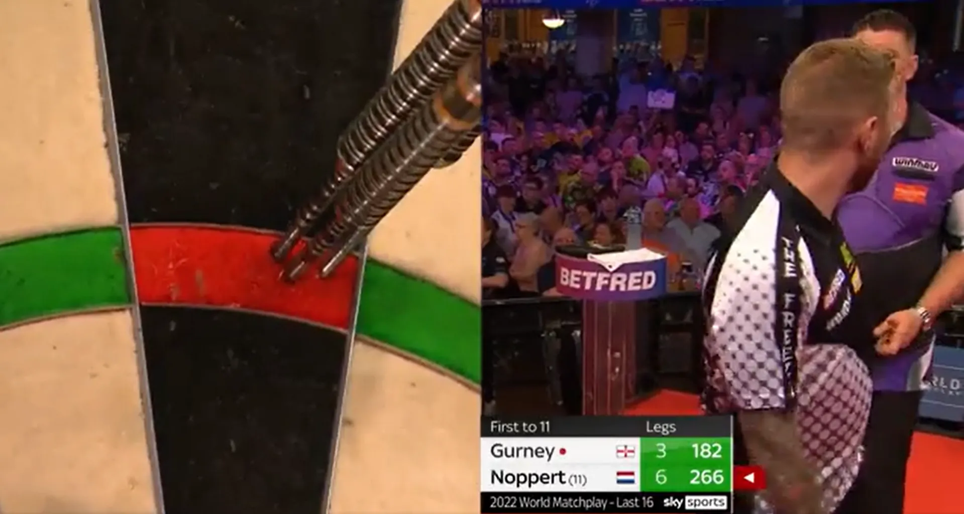 VIDEO: Noppert shows Gurney how to successfully hit a blind 180 during World Matchplay tie