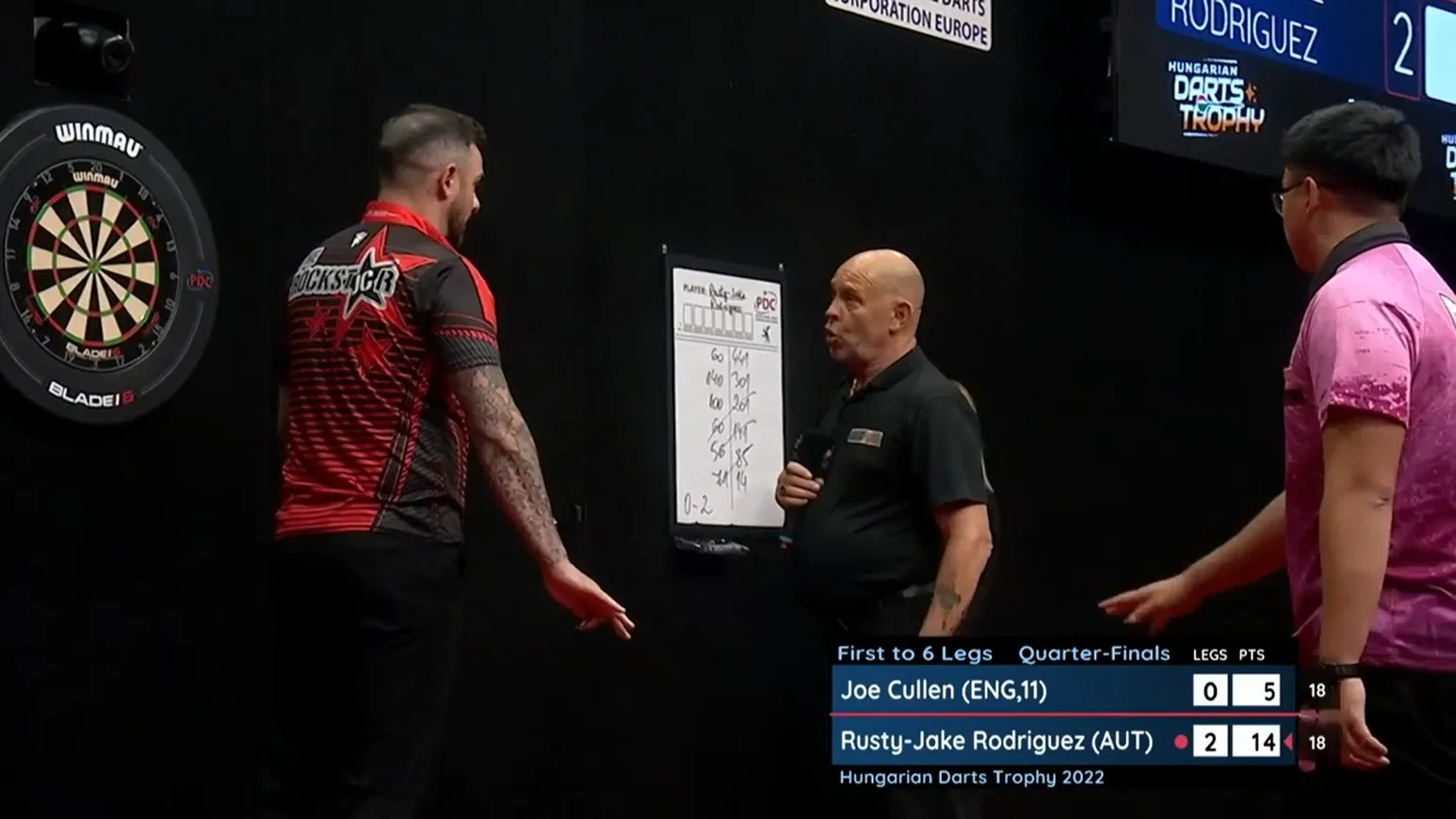 VIDEO: VAR in Darts as referee Russ Bray calls a foul throw on Cullen but overturns decision