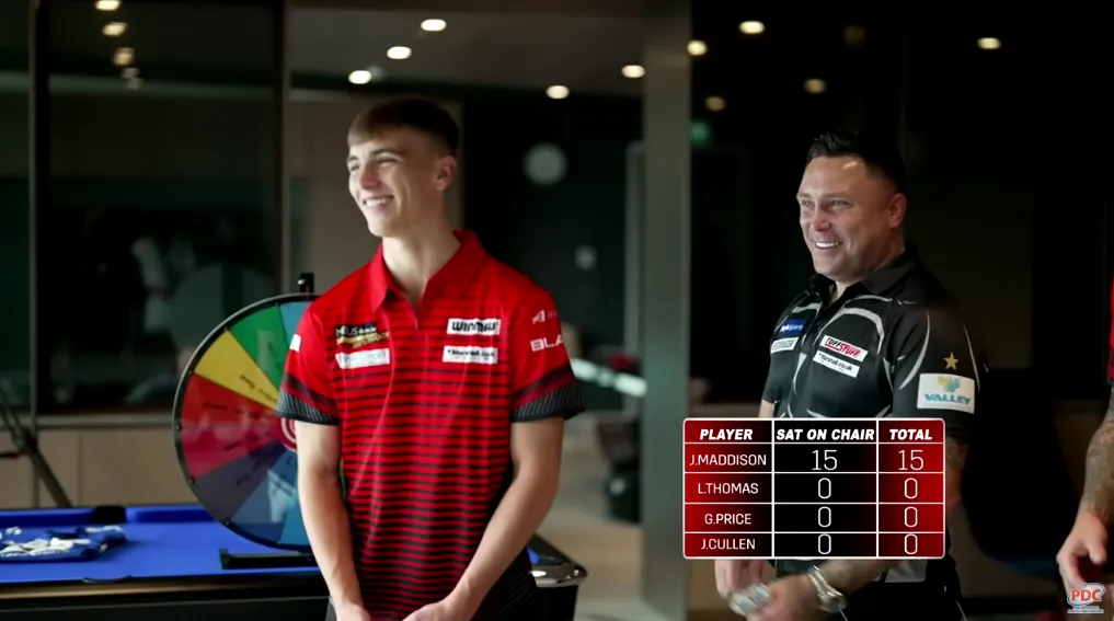 VIDEO: Top Leicester City players James Maddison and Luke Thomas join Price and Cullen for Forfeit Darts