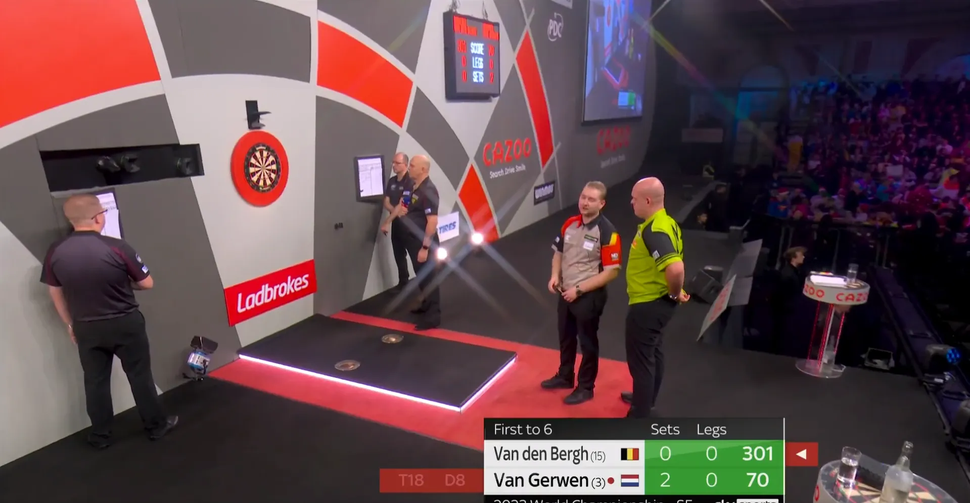 VIDEO: Van den Bergh exchanges words with Van Gerwen due to encroaching on exclusion zone during World Darts Championship tie
