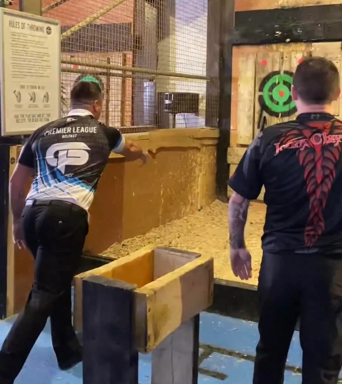 VIDEO: Clayton and Price try their hand at axe-throwing before Premier League Darts in Belfast