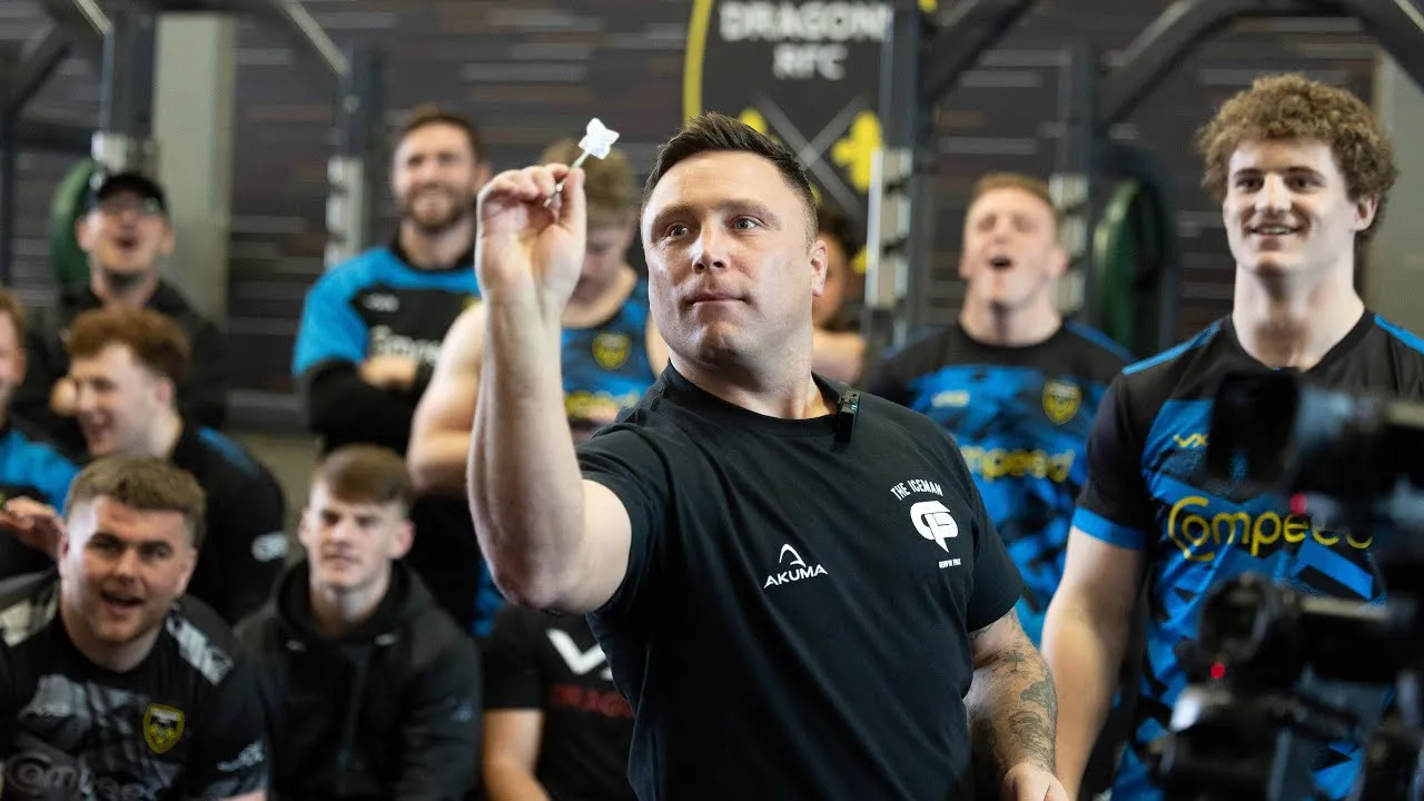 VIDEO: Price nearly hits nine-dart finish in challenge match during visit to Dragons RFC