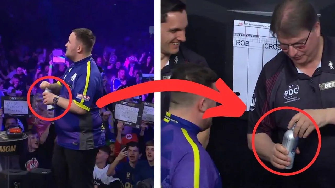 VIDEO: Funny moment during Premier League Darts: Luke Littler can't get bottle open