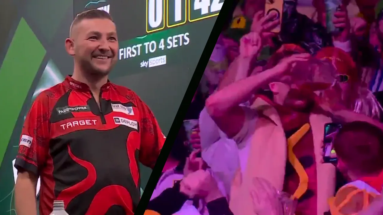 VIDEO | Only at the darts! Nathan Aspinall pauses PDC World Darts Championship match to watch hotdog neck a beer