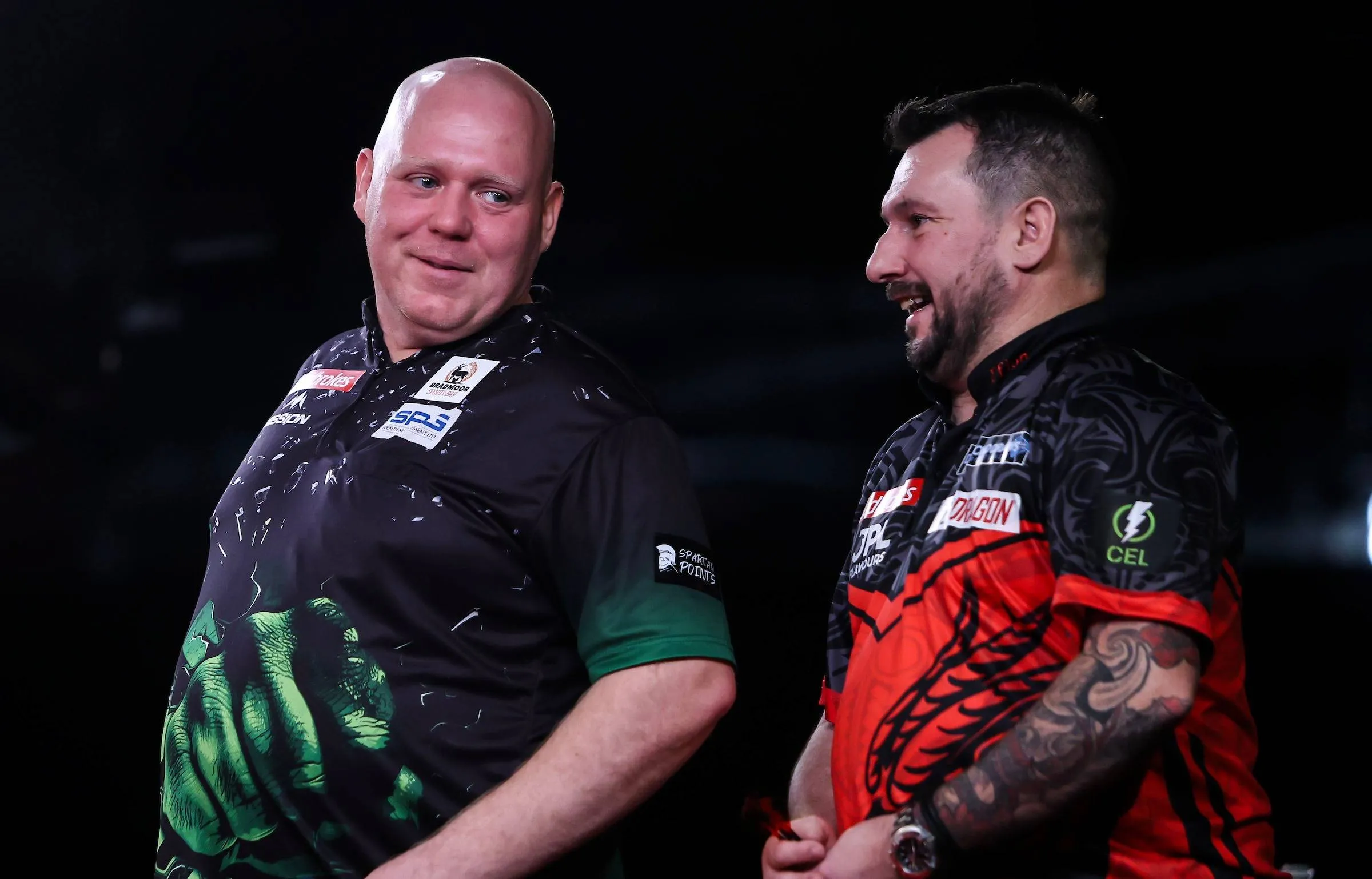 Martin Lukeman and Jonny Clayton share a laugh during the 2026 UK Open
