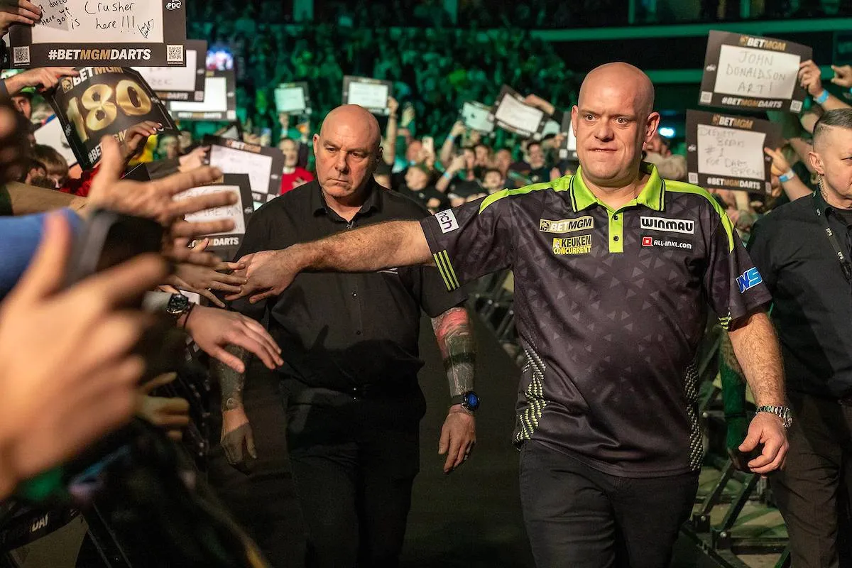Michael van Gerwen on night 5 of the 2026 Premier League Darts in Cardiff