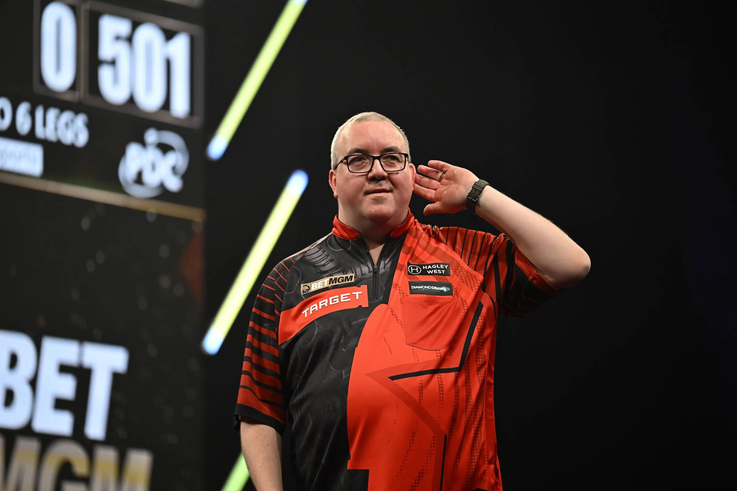 Stephen Bunting cups his ear to the crowd on Night Seven of the 2026 Premier League Darts in Dublin