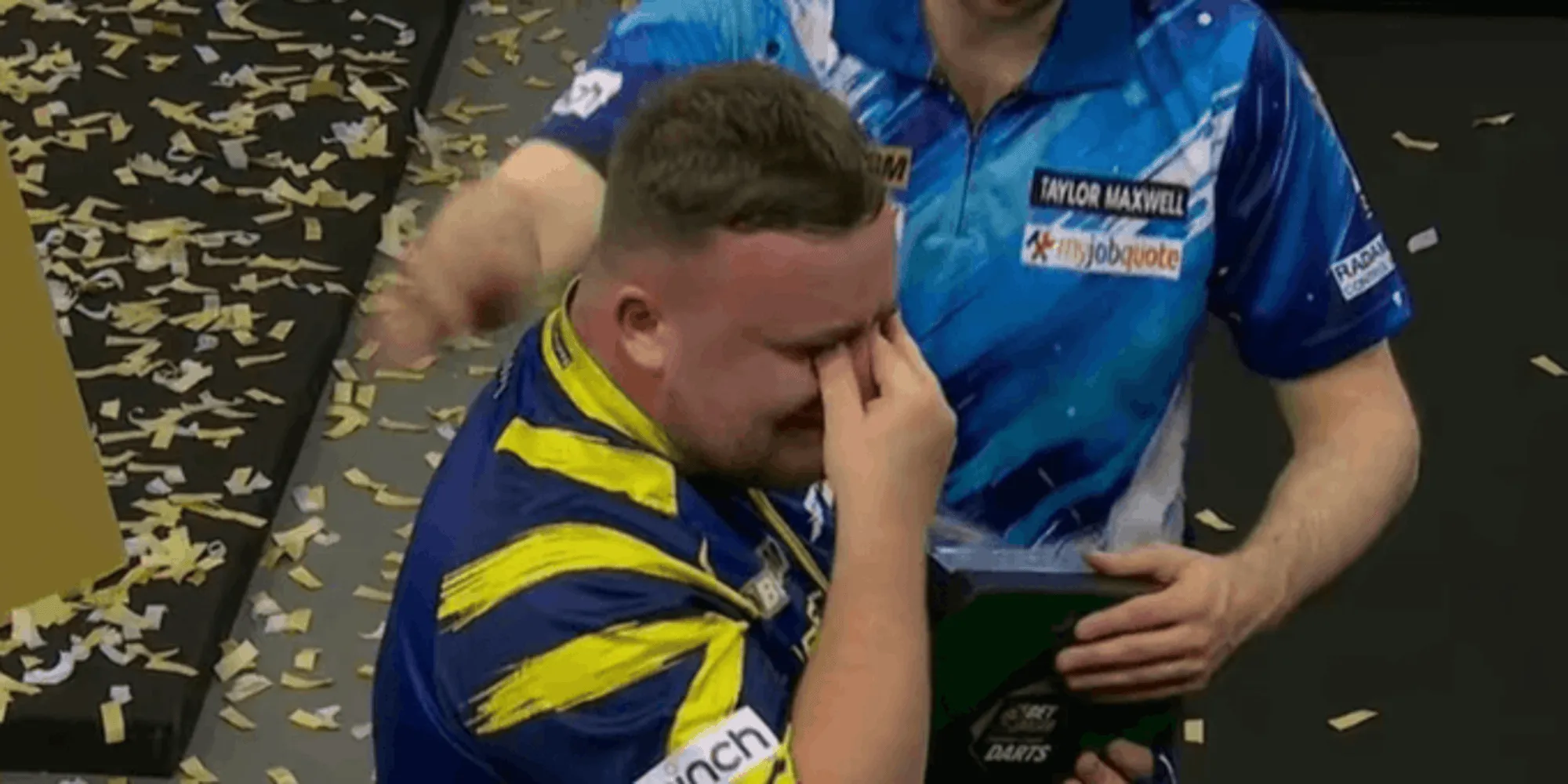 Luke Littler consoled by Luke Humphries after breaking down in tears during his post-match interview