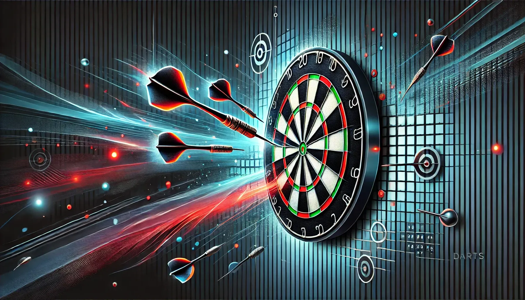 dalle 2024 09 18 153023 a dynamic and visually striking darts themed banner featuring a dartboard at the center with darts flying towards the bullseye the background should
