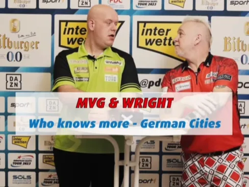 VIDEO: Van Gerwen en Wright testen elkaars kennis over Duitse steden in quiz
