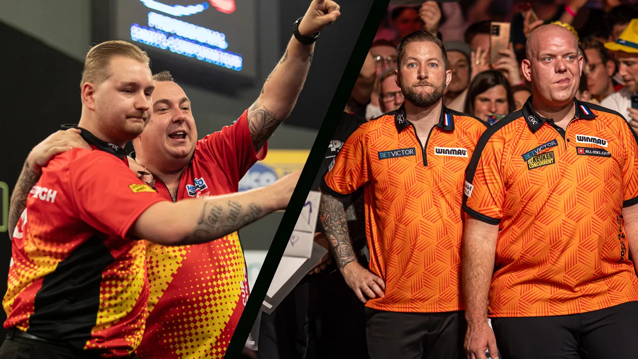Dimitri van den Bergh en Kim Huybrechts geven Michael van Gerwen en Danny Noppert flinke oorwassing op World Cup of Darts