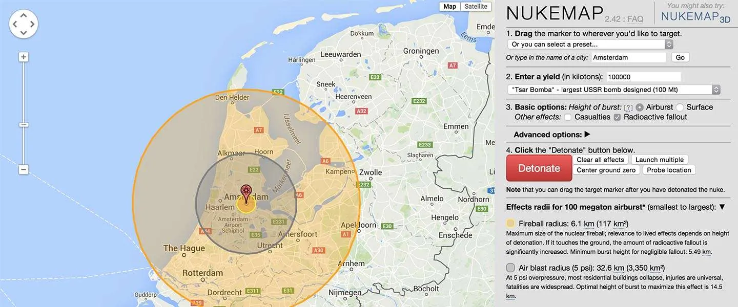 ​Nukemap toont de impact van een nucleaire detonatie​