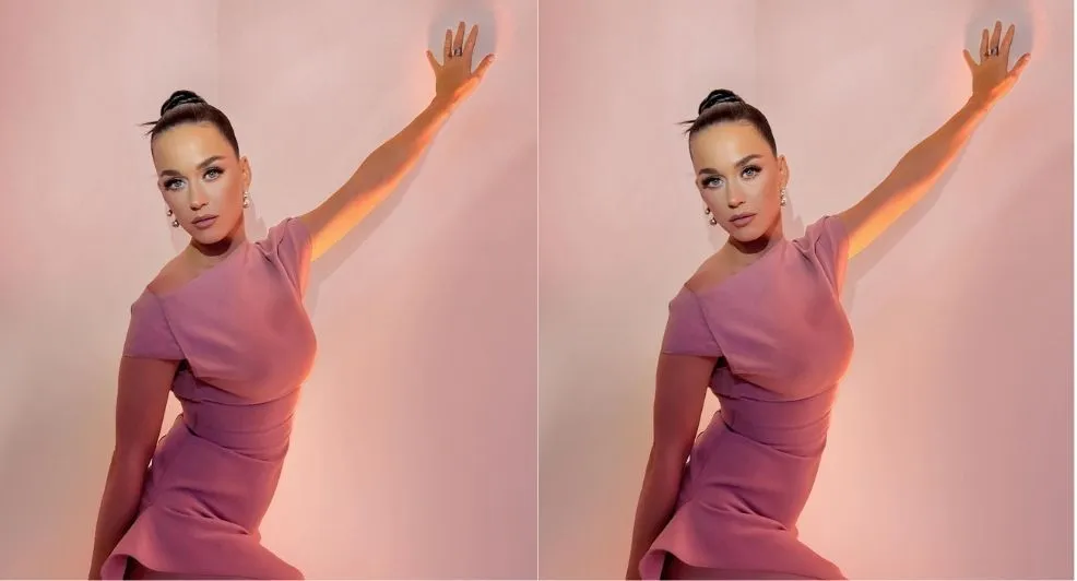 Gewaagd: Katy Perry in doorschijnende visnetjurk met rode fluwelen strikken
