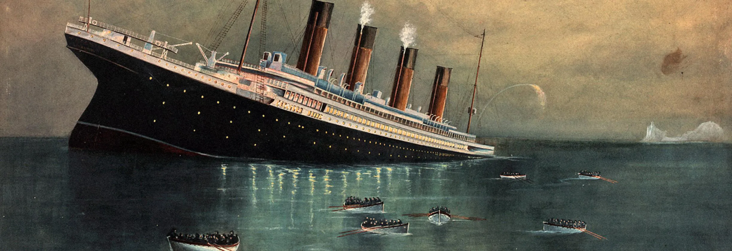 atlantic liner titanic br 1912 sinking bow first 1912 with eight full lifeboats nearby and an iceberg in the distance banner