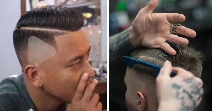 barber cuts triangle mans hair showed play button picture coverimage