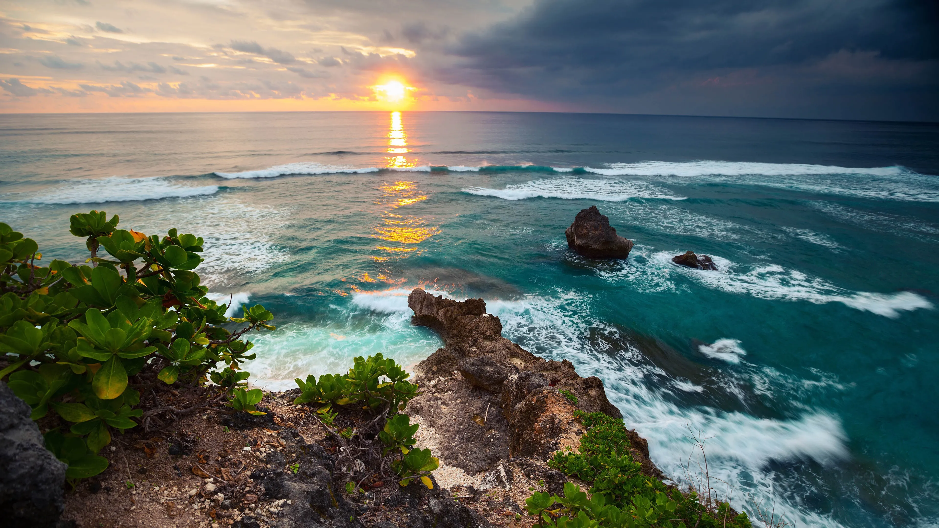 indonesia bali island tropical nature scenery sea waves sunset 4k wallpaper