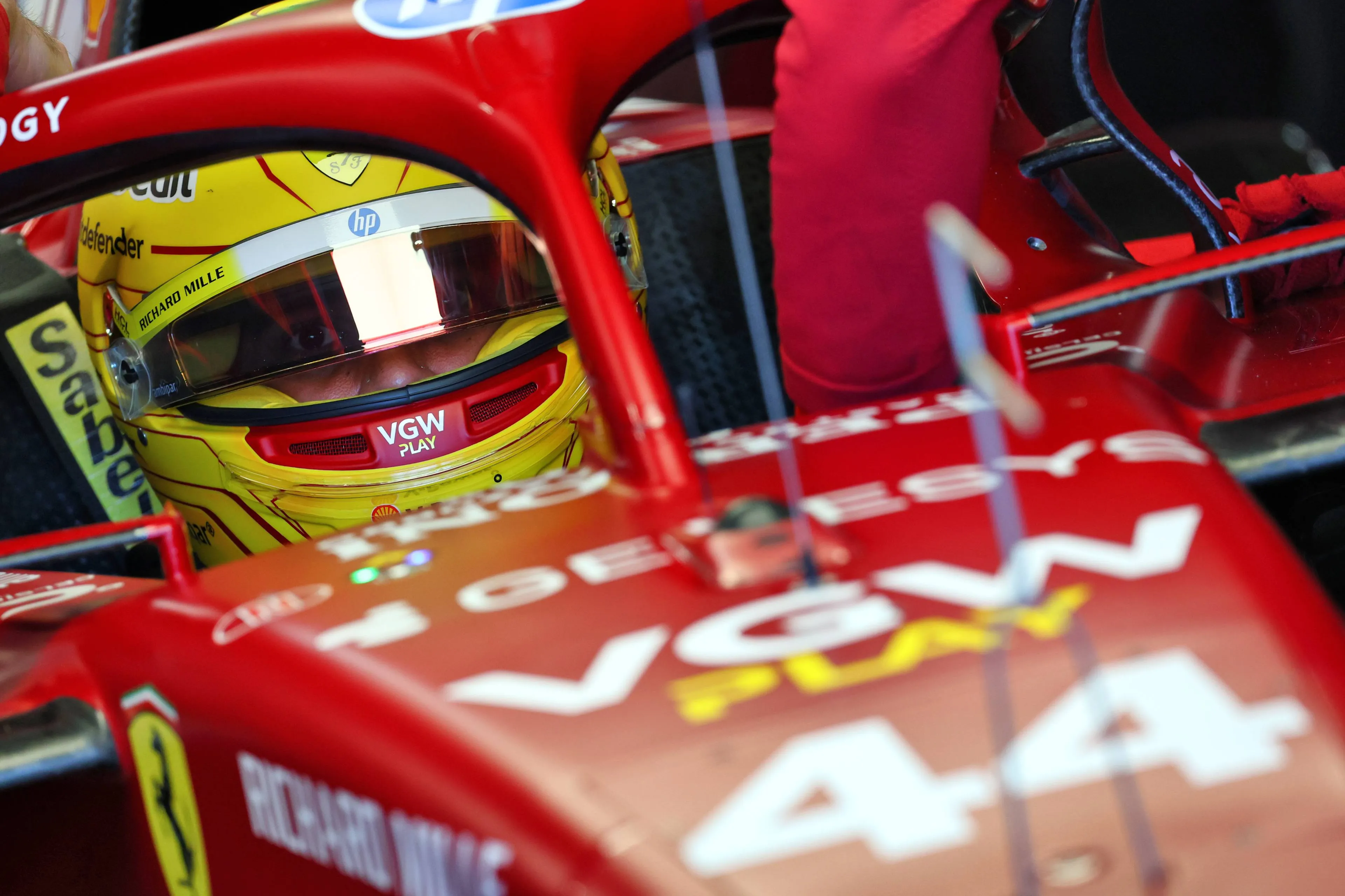 hamilton in ferrari garage during fp2 at suzuka