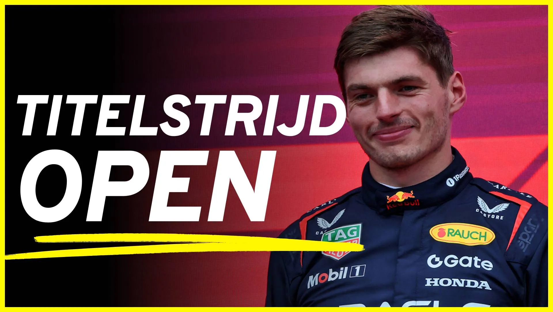 Foto van Max Verstappen met de tekst "Titelstrij open" erop.