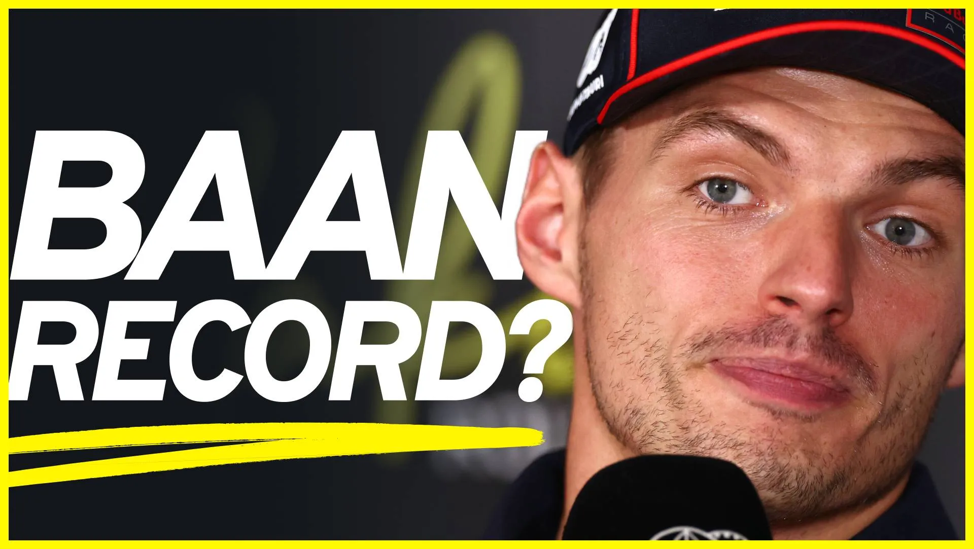 Foto van Max Verstappen met de tekst "Baan record" erop.