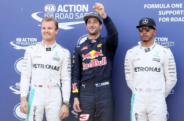 top three qualifiers daniel ricciardo of australia and red bull racing nico rosberg of germany and mercedes gp and lewis hamilton