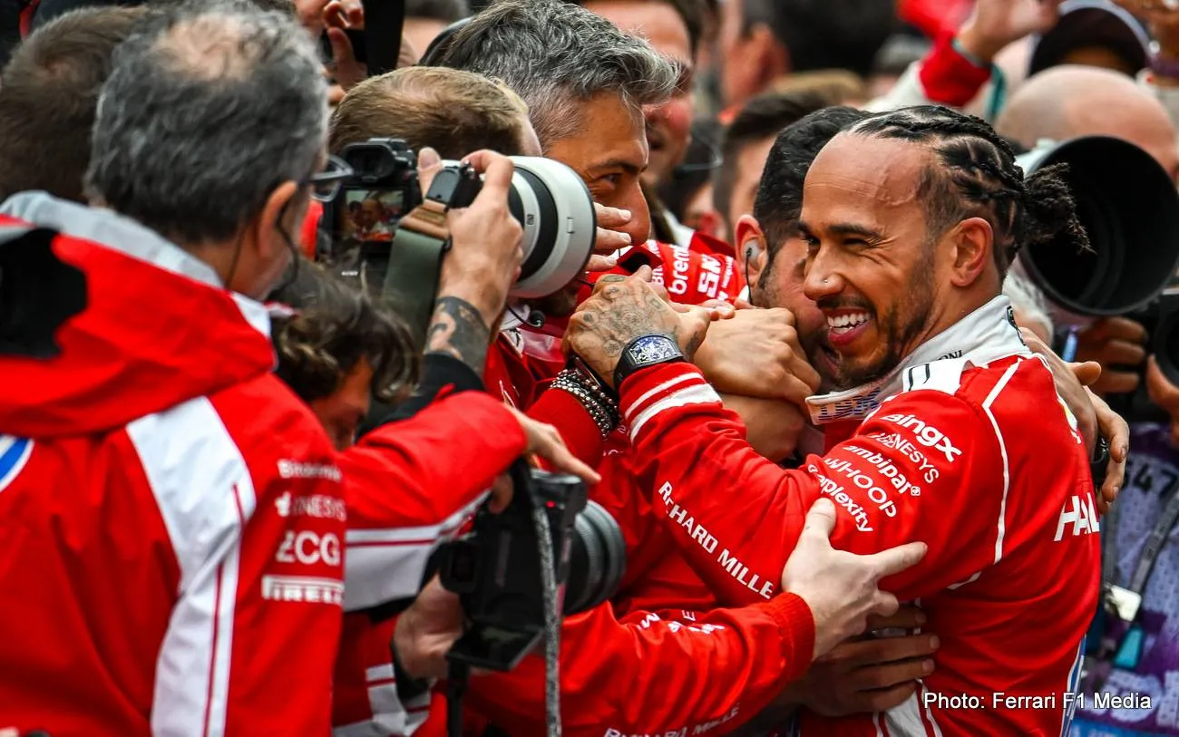 canadian gp hamilton celebrates ferrari mechanics