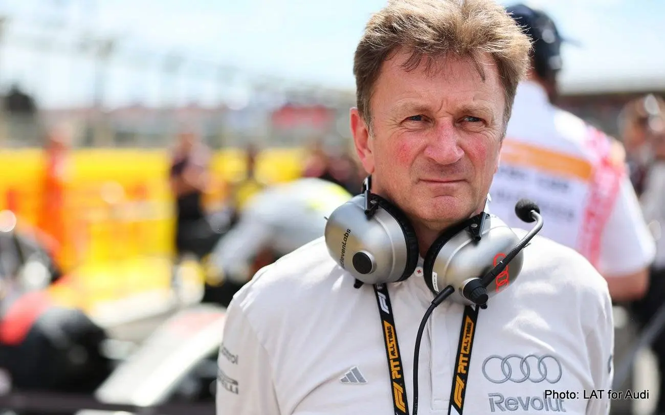 NORTHAMPTON, ENGLAND - JULY 05: Allan McNish, Racing Director of Audi F1 Team on the grid prior to the F1 Grand Prix of Great Britain at Silverstone Circuit on July 05, 2026 in Northampton, England. (Photo by Andy Hone/LAT Images)