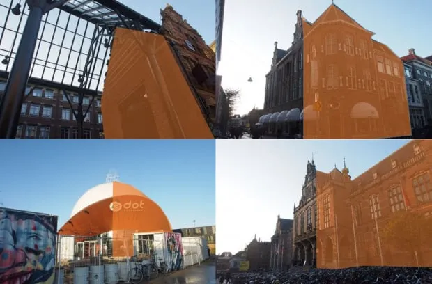 vier oranje gebouwen orange world