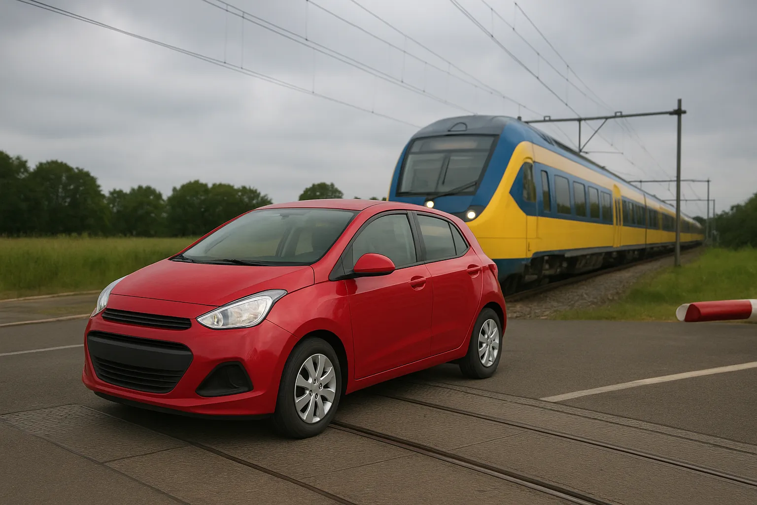 Trein ramt auto met inzittenden die op het spoor staat
