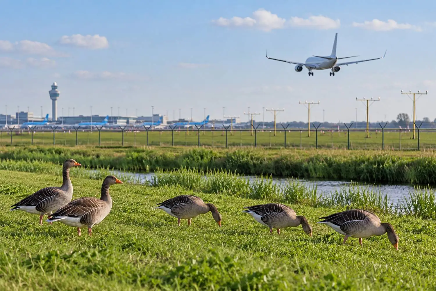 Ganzen en vliegtuig bij Schiphol