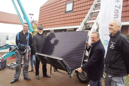 Twee mannen met een zonnepaneel bij een woning.