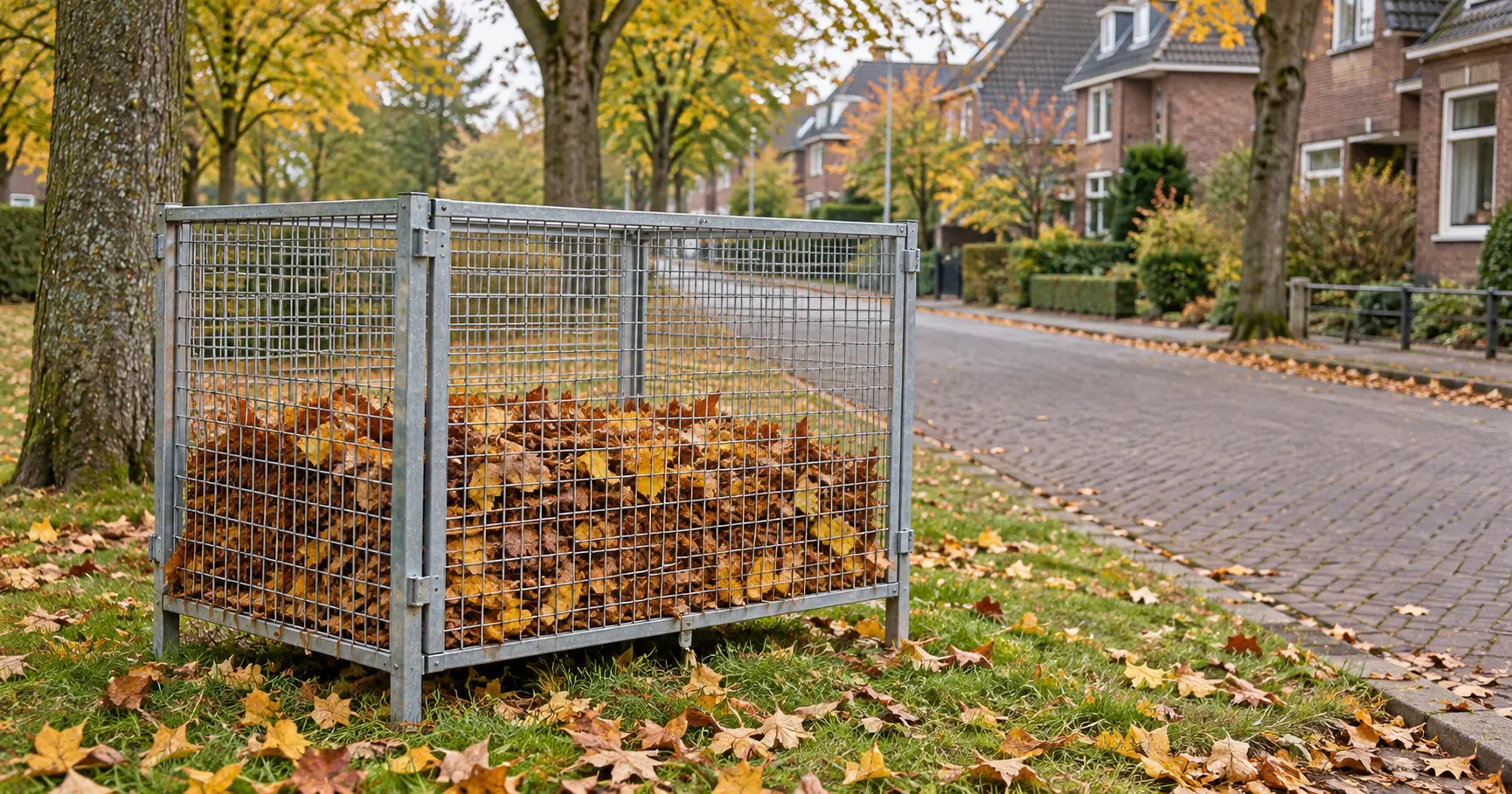 AI-illustratie van een bladkorf met herfstbladeren in een Nederlandse woonstraat