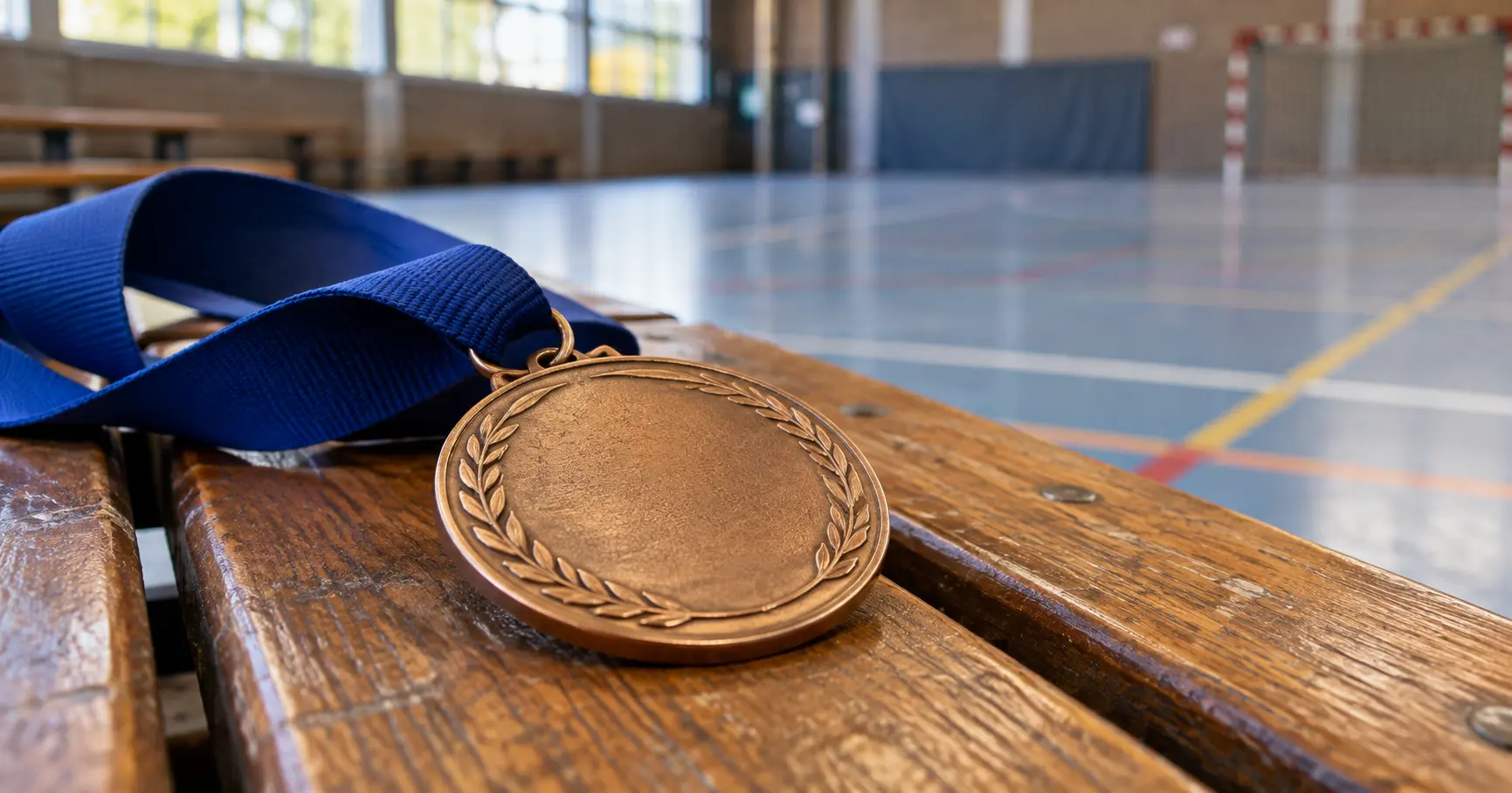Algemene sportmedaille op een bankje in een sporthal – AI-illustratie