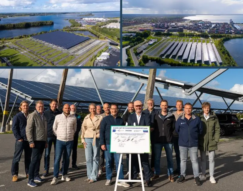 Deelnemers aan Energiehub P8 bij het zonnepark in Harderwijk. Beeld: Endura.